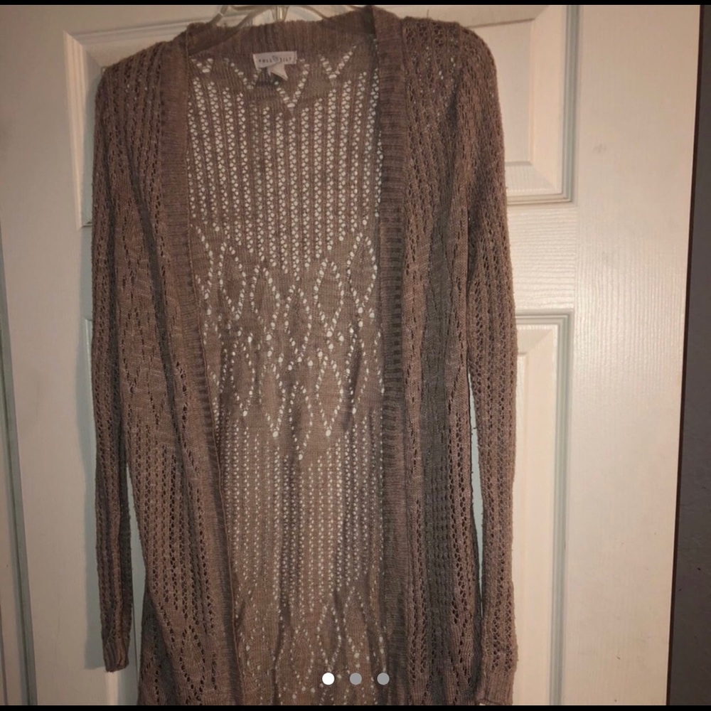 Long tan lightweight cardigan.